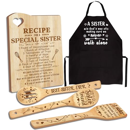 Sister Gifts, Christmas Sisters Gifts from Sister, Sisters Birthday Gift Wooden Cutting Board with Cooking Utensils Set with Apron Set, Great Kitchen Gift for Galentines Day