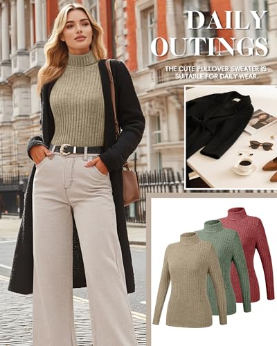 Ficerd 3 Pack Women's Turtleneck Sweater, Lightweight Long Sleeve Shirts Solid Color Tunic Tops Casual Slim Fitted Pullover3