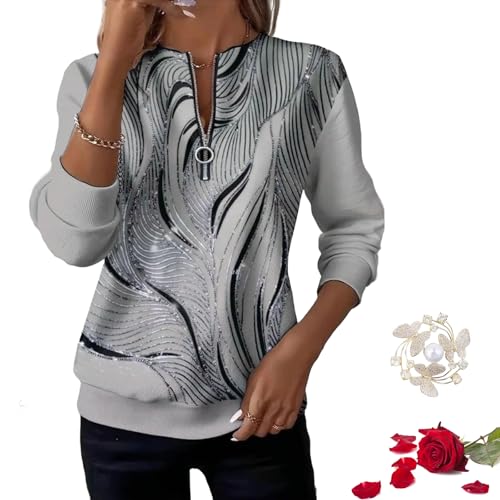 RJDJ 2026 Women's Casual Printed Zipper Sweatshirt, Front Zipper Sweatshirt for Women, Cozy Fabric for All-Day Comfort (US, Alpha, Large, Regular, Regular, Gray)