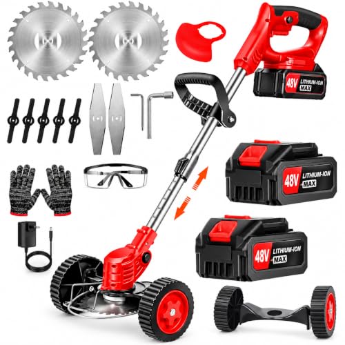 Image of 21V Cordless Grass Trimmer Kit with 3 Types of Blades, 2 Batteries, Wheels, Safety Gloves, Goggles, Charger & Allen Key | Electric Brush Cutter, Lawn Mower & Weed Cutter for Garden.