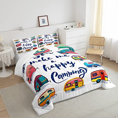 Camper Comforter Set Twin Happy Camping Bedding Set Caravans Retro Style Travel Graphic Quilted Comforter Kids Camper Bedding For Travel Trailers Rv Camper Down Comforter With 2 Pillow Cases #TOP3