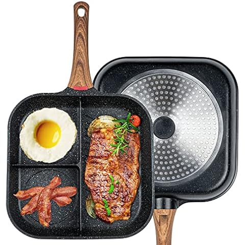 Miereirl 30,5 cm Grillpfanne, 3 Abschnitte Frühstückspfanne für Herdplatten Induktion kompatibel, Grillpfanne für Gas Cover