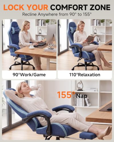 Image of GTPLAYER Gaming Chair for Adults, Computer Chair with Footrest, Blue | Ergonomic Video Game Chair with 90-155 Recline, Removable Headrest & Lumbar Support, All-Day Comfort for Home & Office