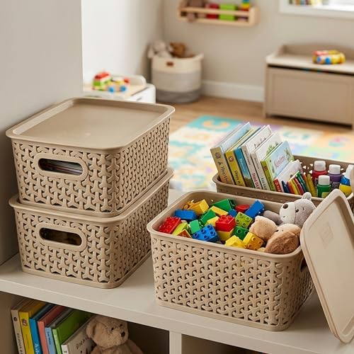 Image of JD Fresh Pack of 3 Premium Plastic Storage Basket with Lid /Smooth Handle Design&Stackable Storage Organizer /Durable Kitchen Storage Basket for Clothes, Vegetables, Fruits, Toys and Stationery(Biscuit)