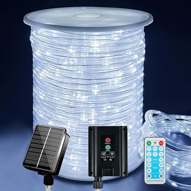 196ft 600 LED Outdoor Waterproof Rope Lights with Remote - 60m Solar Powered String Lights with Timer for Garden, Deck, Patio, Pool, Yard Decor
