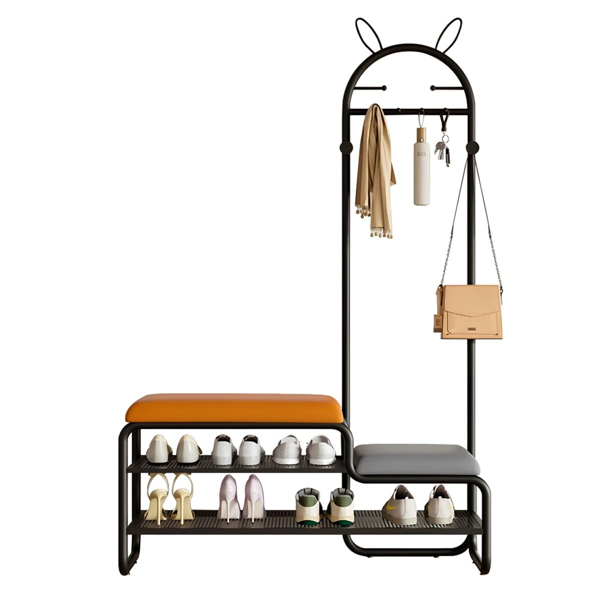 Banc de rangement chaussures 4 en 1 avec assise rembourrée et patères en métal
