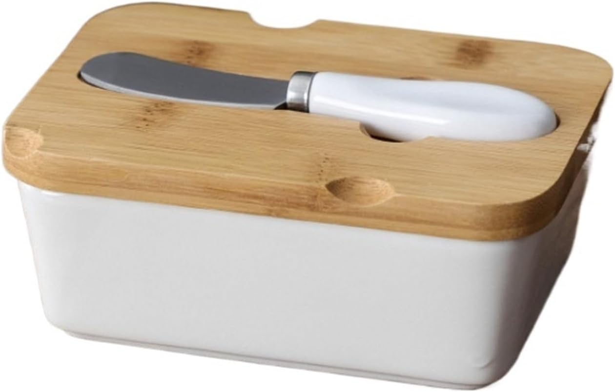 Butter Container Ceramic Butter Plate Cheese Snack Container Hotel Restaurant Tableware with Wooden Lid with Butter Knife for All Types of Butter (Size : Rectangl)