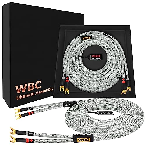WORLDS BEST CABLES 12 Foot Ultimate - 12 AWG - Ultra-Pure OFC - Premium Audiophile HiFi Speaker Cable Pair with Eminence Spade Plugs & Silver Tweed Jacket