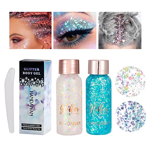Zilams 2 Pièces Paillettes Visage Glitter Body Gel Festival Chunky Glitter Liquide Corps Paillette Maquillage Cosmétique Cheveux Ongles Makeup pour Festival Accessoire (Blanc+Bleu) Cover