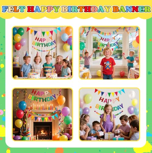 Image of Happy Birthday Banner Decorations - Pre-Strung 3D Felt HAPPY BIRTHDAY Sign for Party Decor | Rainbow Reusable Happy Birthday Garland, Ball, Pennant Flag (1-Rainbow)