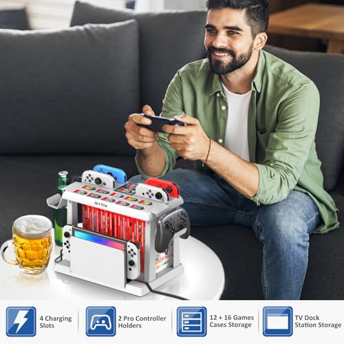 Soporte para Nintendo Switch con cargador de Joycon integrado y torre organizadora 6