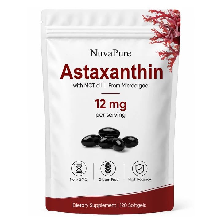 PlocoXe NuvaPure Astaxanthin 12mg Softgel Capsules with MCT Oil Supports Antioxidant Skin Radiance & Eye Health Non-GMO Gluten Free 120 Count