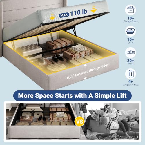 Image of Allewie Full Size Lift Up Storage Bed, Modern Wingback Headboard, Hydraulic Support, No Box Spring Needed, Light Beige