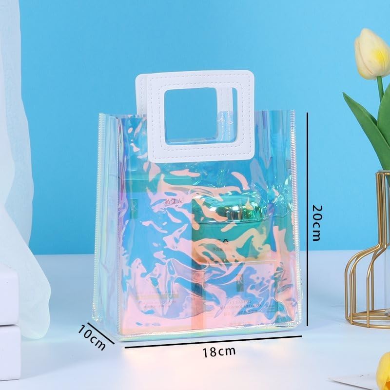 Image of SATYAM KRAFT 48 Pcs Transparent Reusable Leather Goodie Bags | Elegant Gift Bags for Her /Him Wedding Return Favors, Engagement Hampers, Marriage, Birthday & Festival Gifting | Handle Hamper Shopping Carry Bags (Rainbow White Square)