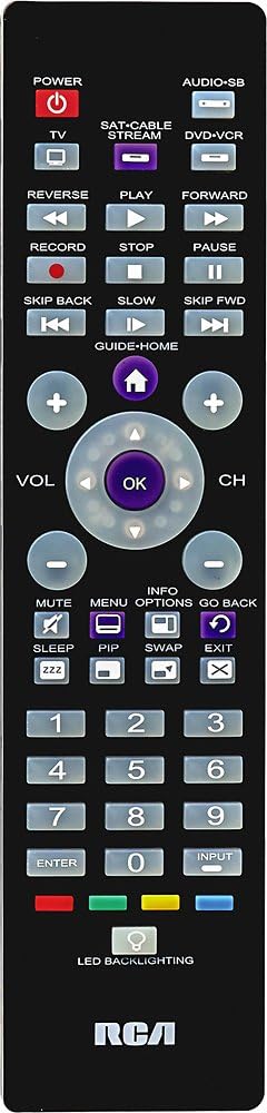 Quddiem view of the RCA 4 Device Universal Remote, showing all buttons and the RCA logo.