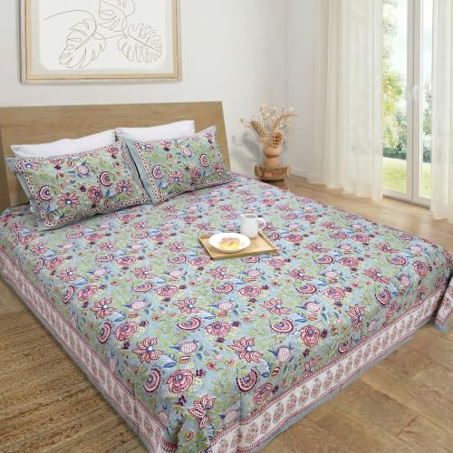 Image of TOAI Hand Block Printed Bedsheet | Bed Spread Flatsheet Bed Sheet | Pure Cotton | Queen Size 90 inchx108 inch | 210 TC Luxury Cotton | 2 Reversible Pillow Covers |Rangeela Bagh