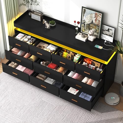 Image of jiteentarou 10 Drawer Dresser with Charging Station and LED Lights, Modern Chest of Drawers with Power Outlet, Organizer Cabinet for, Living Room, Entryway, Black