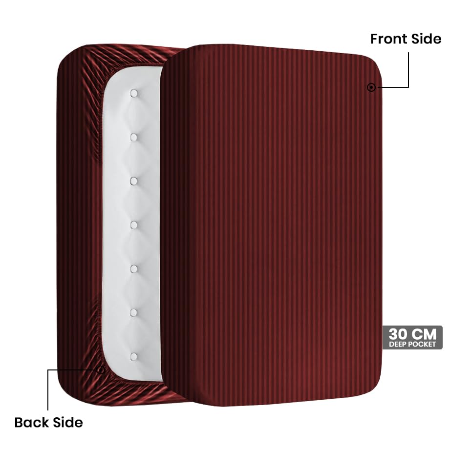 MOONLIGHT20015 Double Duvet Set 4 Piece Satin Stripe Duvet Cover Sets Soft Brushed Microfiber Bedding Sets with Fitted Sheet & 2 Pillow Cases (Burgundy - Image 3