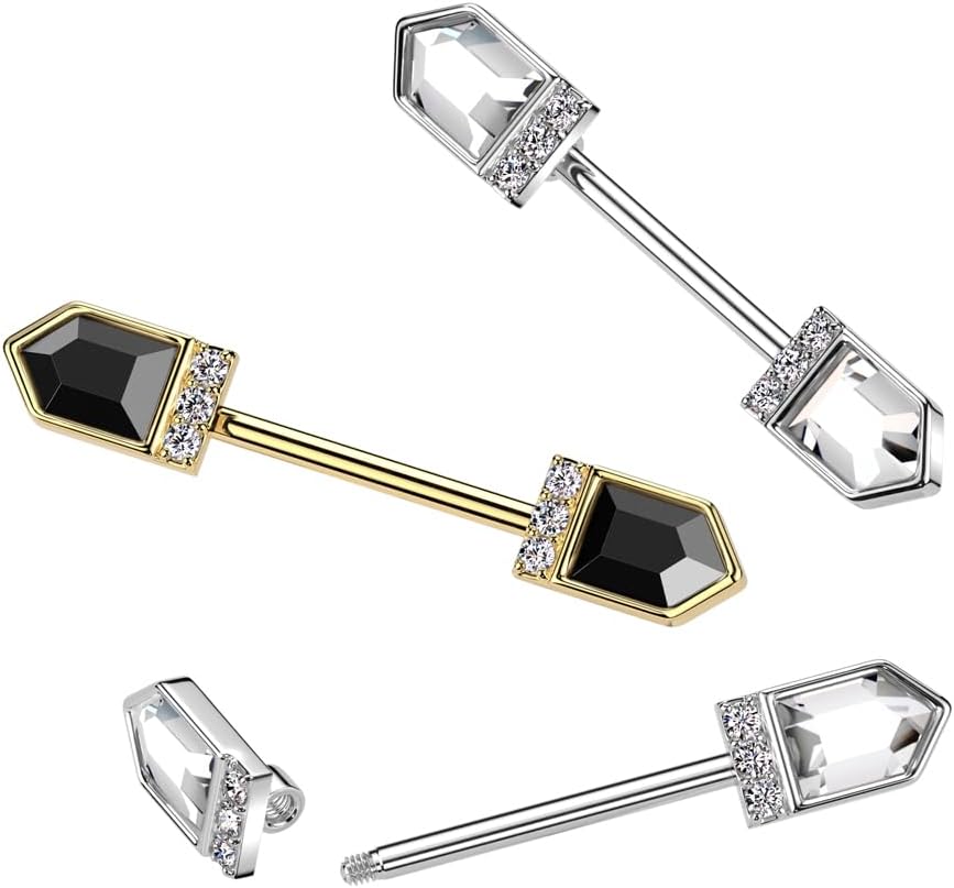 Pierced Owl 14GA 316L Stainless Steel Pointed CZ Crystal Baguette Ends Nipple Barbells, Sold as a Pair