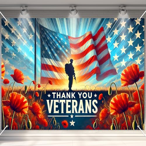 Image of BlissYard Thank You Veterans Backdrop 4th of July Decorations Patriotic Banner 8x6ft American Flag Soldier Decorations for Memorial Day Veterans Day Independence Day Party