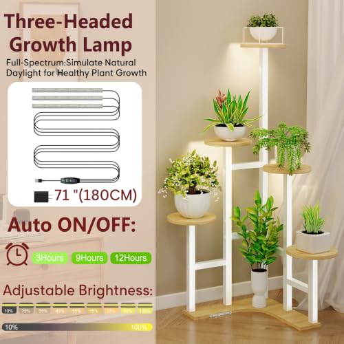 Image of Corner Plant Stand Indoor with Grow Lights 6 Tiered Corner Plant Shelf | Flower Stand for Multiple Plants, Plant Shelves Organizer Rack for Living Room, Balcony, Patio, Garden, White Oak