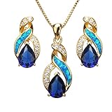 Hermosa Jewelry Sets for Women,14K Yellow Gold Plated Created Opal Sapphire Pendant Necklace Earrings Hypoallergenic Jewelry Gift for Bridal Bridesmaid (JS4)