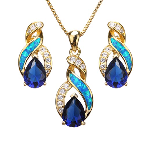 Hermosa Jewelry Sets for Women 14K Yellow Gold Plated Created Opal Sapphire Pendant Necklace Earrings Hypoallergenic Jewelry Gift for Bridal Bridesmaid (JS4)