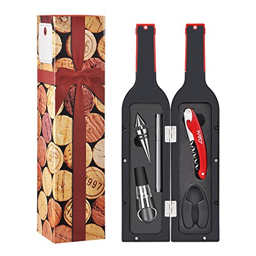Wine Opener Accessories Gift Set - 5 Pcs Wine Bottle Corkscrew Screwpull Kit by Kato, Great Christmas Gifts, Red