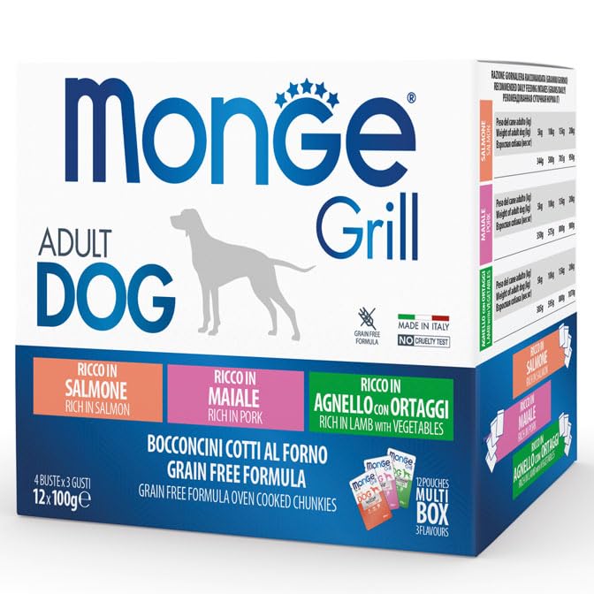 Monge Grill Multipack Buste per Cani Adulti, Salmone, Maiale e Agnello con Ortaggi, Formula Grain Free, 12 bustine da 100 g