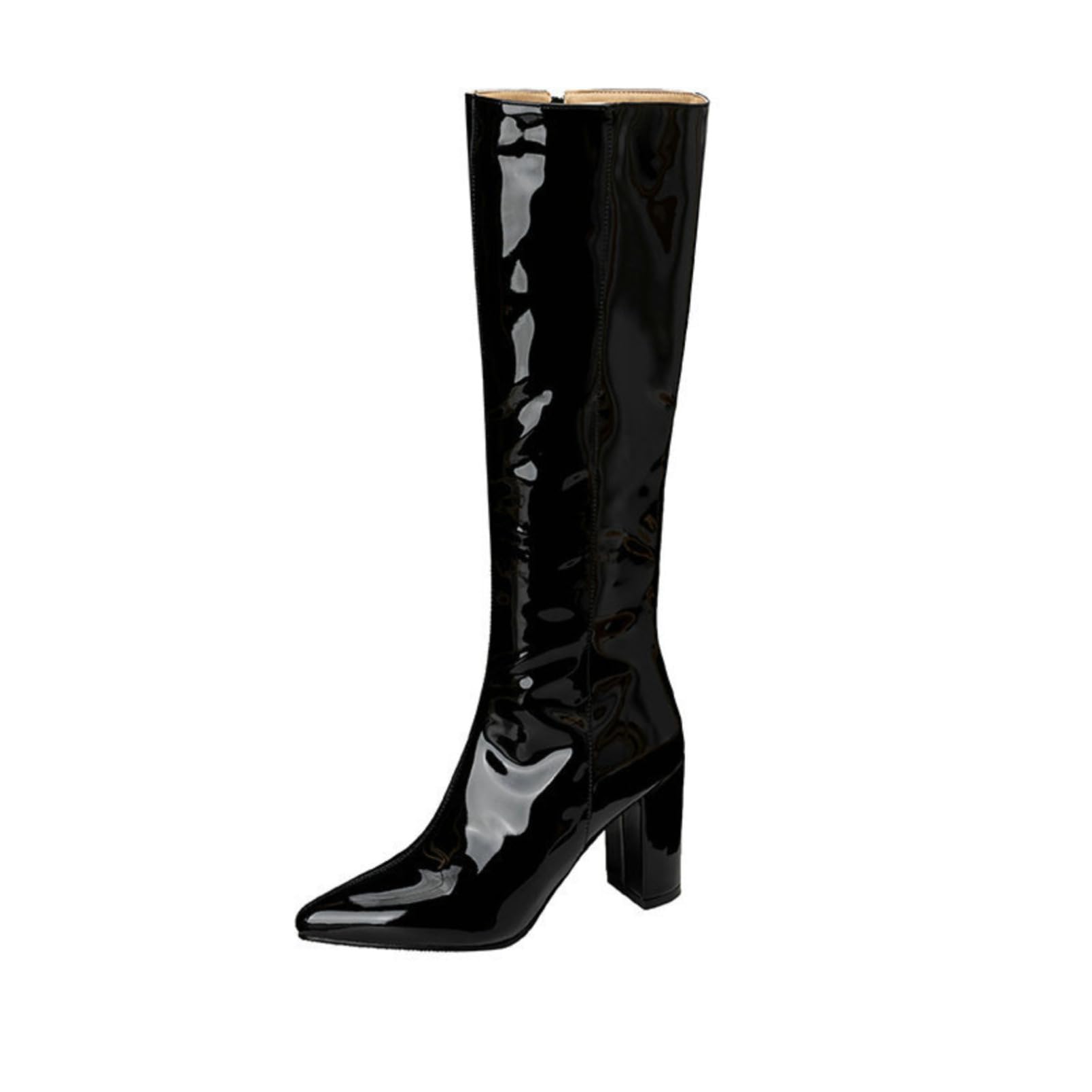 Genérico Botas Mujer Altas de Rodilla de Punta Fina Estilo Montar, con Cremallera Lateral y Tacón Ancho Bajo para Moda y Eventos