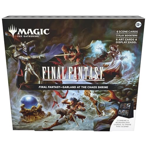Magic: The Gathering - Final Fantasy Scene Box - Ghirlanda al Santuario del Caos | 6 carte senza bordi in alluminio, 6 carte artistiche, 3 booster di gioco + 1 cavalletto di visualizzazione