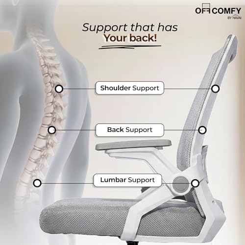 Image of HAVAI Airon Ergonomic Office Chair with Mesh Back | Executive Computer Chair with Reclining & Folding Function | Nylon Armrests | Class 2 Gas Lift | Plywood Base Support | WFH & Office Use (Grey)