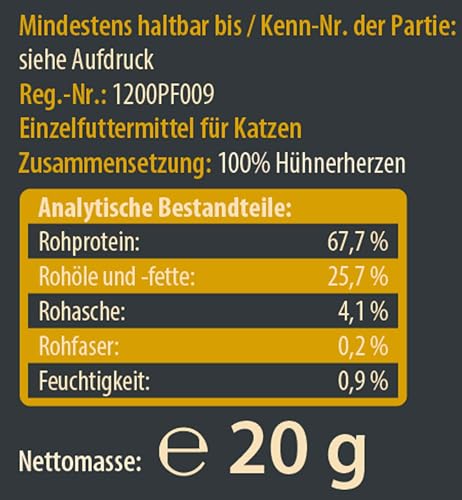 Dehner Wild Nature Katzensnack, Premium Leckerli glutenfrei / zuckerfrei, für ernährungssensible Katzen, gefriergetrocknet, Hühnerherzen, 6 x 20 g (120 g)