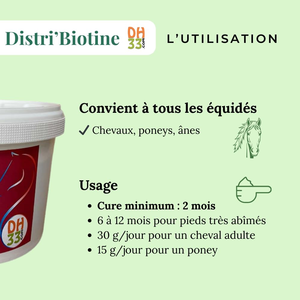 Distri’Biotine 2 kg – Biotine Cheval 400 MG/kg – Sabots Forts, Corne Solide & Pousse des Crins – Complément avec Zinc, Méthionine, Lysine & Vitamine C – 2 Mois de Cure