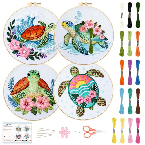 Image of BEUNITONE 4 Sets Sea Turtle Embroidery Kits for Beginners DIY Craft Kits for Adults with Printed Patterns, Hoops and Instructions, Hibiscus Flower Needlepoint Kits for Clothing and Home Decor