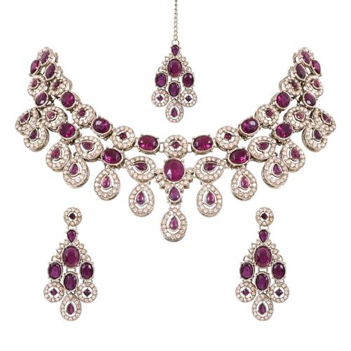 Image of I Jewels Traditional Teardrop Design & Stone Necklace Jewellery With Earrings & Maang Tikka Set for Women (IJ414)