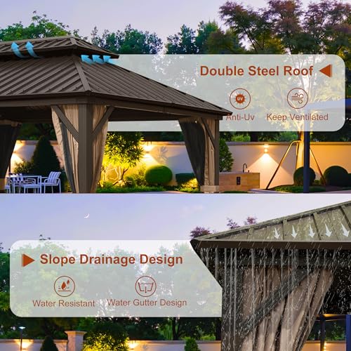 Osparple 12 x 14 FT Hardtop Gazobo, Aluminum Metal Canopy with Double Galvanized Steel Roof, Outdoor Gazebo with Netting and Curtain for Backyard, Party, Wedding, Outdoor Dining - Brown - Image 5