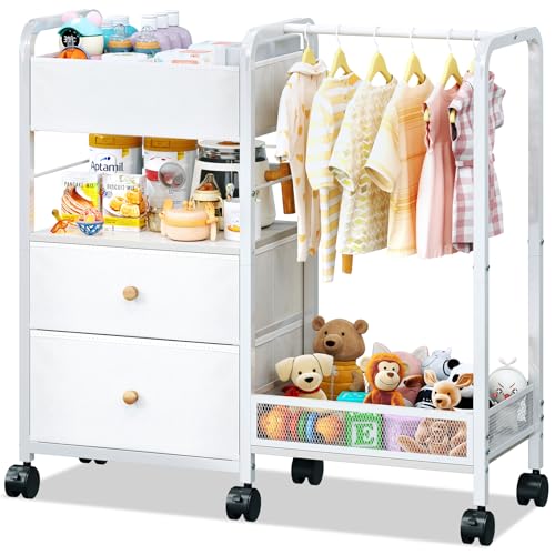 Image of Baby Diaper Caddy Organizer with Hanging Rack, Rolling Diaper Utility Cart with Dividers and Drawers for Baby Essentials Storage, Bedside Cart with Wheels for Changing Station, Crib, Nursery, Bedroom