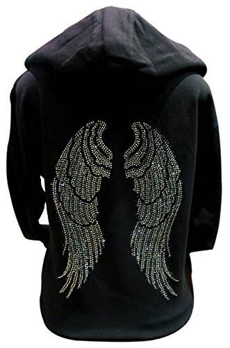 Black And Silver Rhinestone Angel Wings Long Sleeve Hooded Zipper Sweater Black (Xl) #TOP1