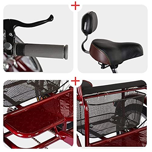 Triciclo adulto DINNA de 16 pulgadas, velocidad única, con asiento trasero y canasto para carga, altura ajustable, capacidad de carga de 200 kg, para mujeres y hombres, color rojo vino miniatura 6
