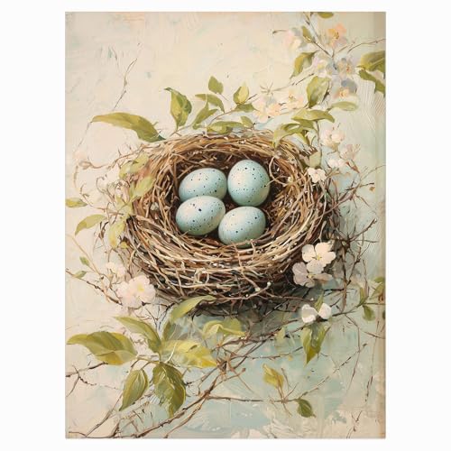 Vintage Spring Easter Wall Art Nest,Vintage Blue Eggs & Florals Oil Painting,Moody Bird Nest Print,Farmhouse Home Cottage Decor 16x24inch Unframed