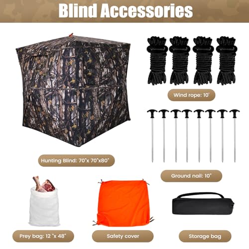 Hunting Blind 300D See Through Ground Blinds with Carrying Bag, 2-3 Person 270 Degree 2 Doors Pop Up Deer Blind Portable Camouflage Hunting Tent, with Cyclone Tent Stakes and Wind Ropes