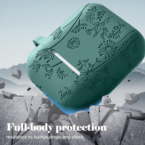 Maledan Flower Engraved Case Compatible with AirPods Case Cover, Cute Soft Silicone Shockproof Protective Case for Airpods 2nd & 1st Generation Case with Carabiner [LED Visible] for Women,A-PineGreen - Image 3