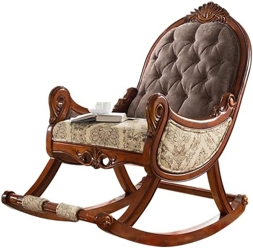 Luxury Solid Wood Rocking Chair with Upholstered Tufted Cushion, European Style Vintage Lounge Rocker, Elegant Accent Armchair for Living Room Bedroom