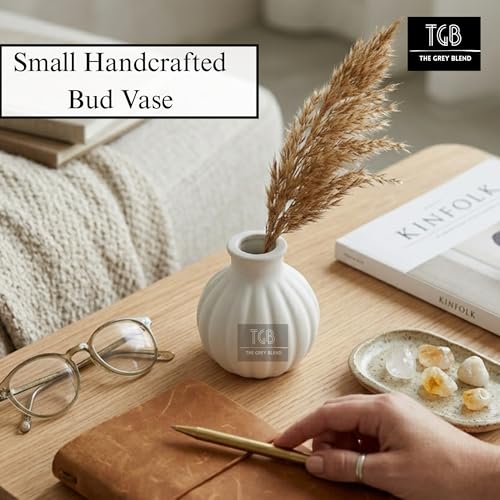 Image of Small Vase for Home (7.5x7.5 cm) | White Aesthetic Flower Vase for Living Room, Coffee Table & Shelf | Minimal Handmade Concrete Pumpkin Vase for Modern Interiors