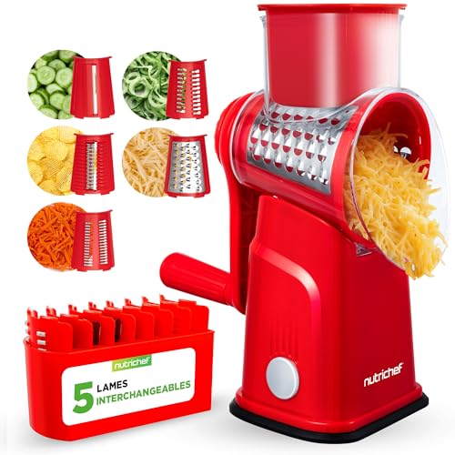 Nutrichef Râpe à Fromage 5 en 1 avec Base à Succion Forte – Râpeuse Rotative avec Verrou de Sécurité, Manivelle et 5 Lames Tambour pour Textures Fine,...