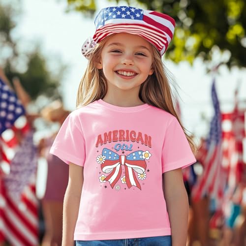 Image of Girl American Flag Shirts Bow Tshirt 4th of July Shirt Cotton Short Sleeve Tees 2-12 Years