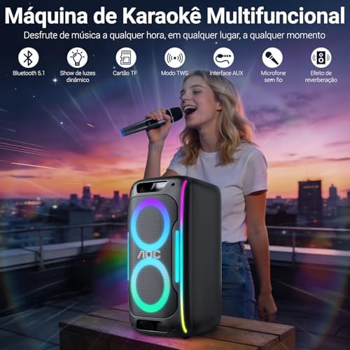 Caixa de Som Bluetooth AOC 50W Festa LED Microfone Sem Fio