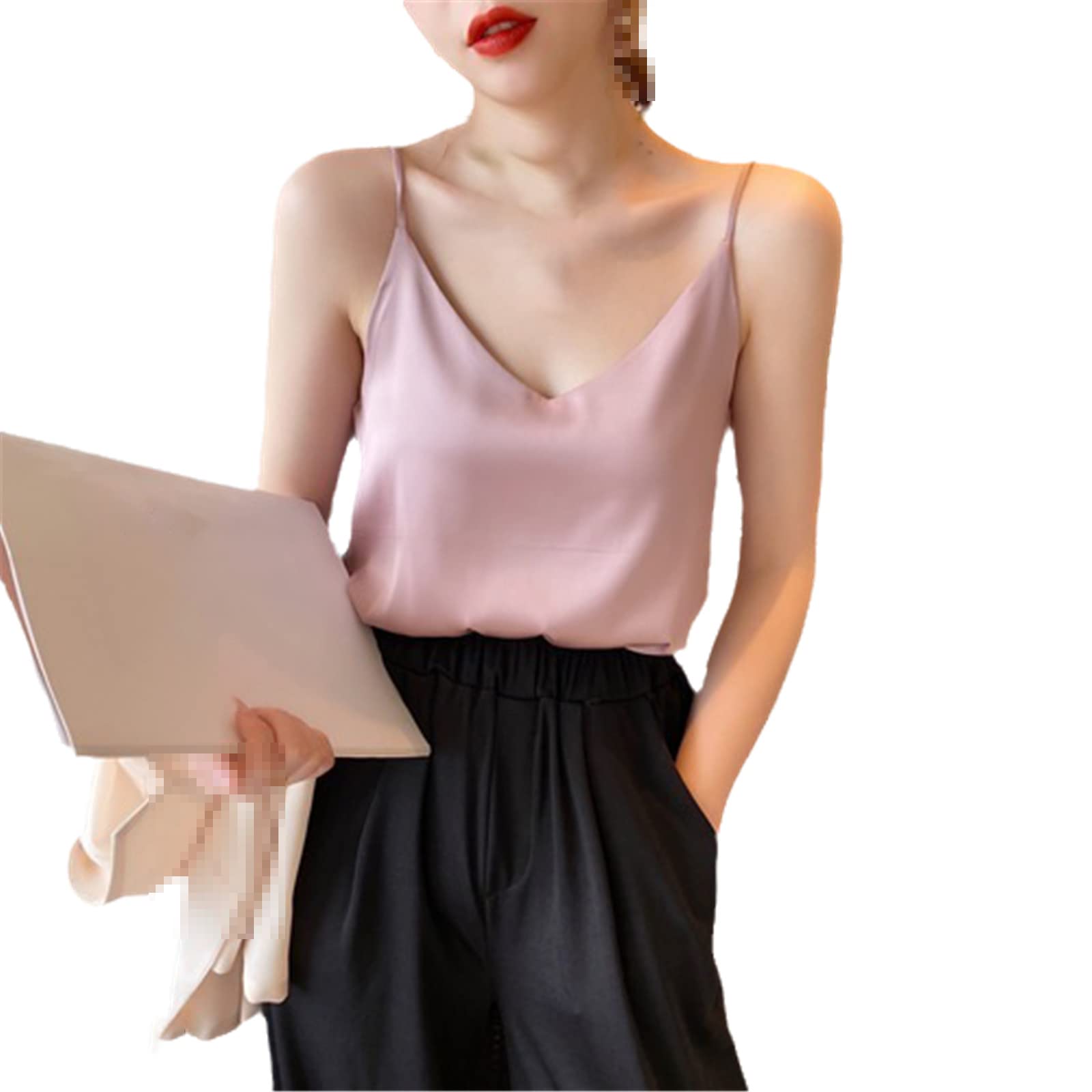 Las mujeres de seda coreana Tops Camis satén chaleco Top moda señora V-cuello Camis mujeres sin mangas blanco Tops Sexy Halter Top, rosa, 3XL