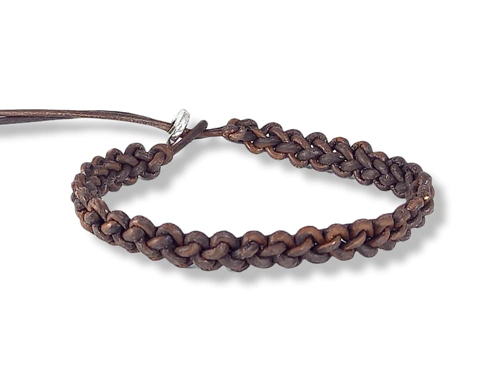 LuZ ITALY Pulsera de hombre en cuero crudo tejido a mano - Ajustable - Marrón oscuro